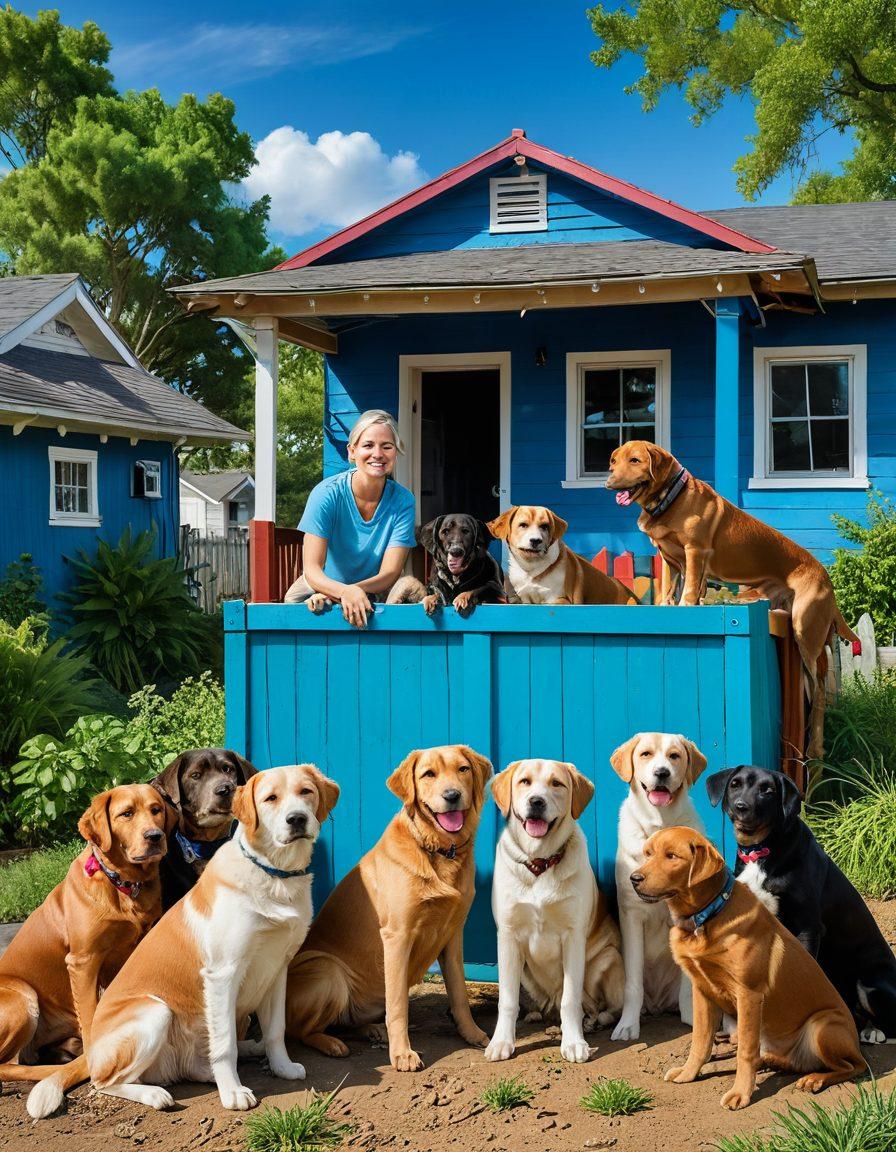 A heartwarming scene depicting abandoned dogs being rescued and transformed in a vibrant community setting. Show a group of compassionate people interacting with the dogs, highlighting a mix of emotions from despair to hope. Surround the scene with lush greenery, colorful homes, and a bright blue sky, symbolizing safety and love. Include elements like a dog adoption sign and playful puppies to evoke joy and compassion. super-realistic. vibrant colors.