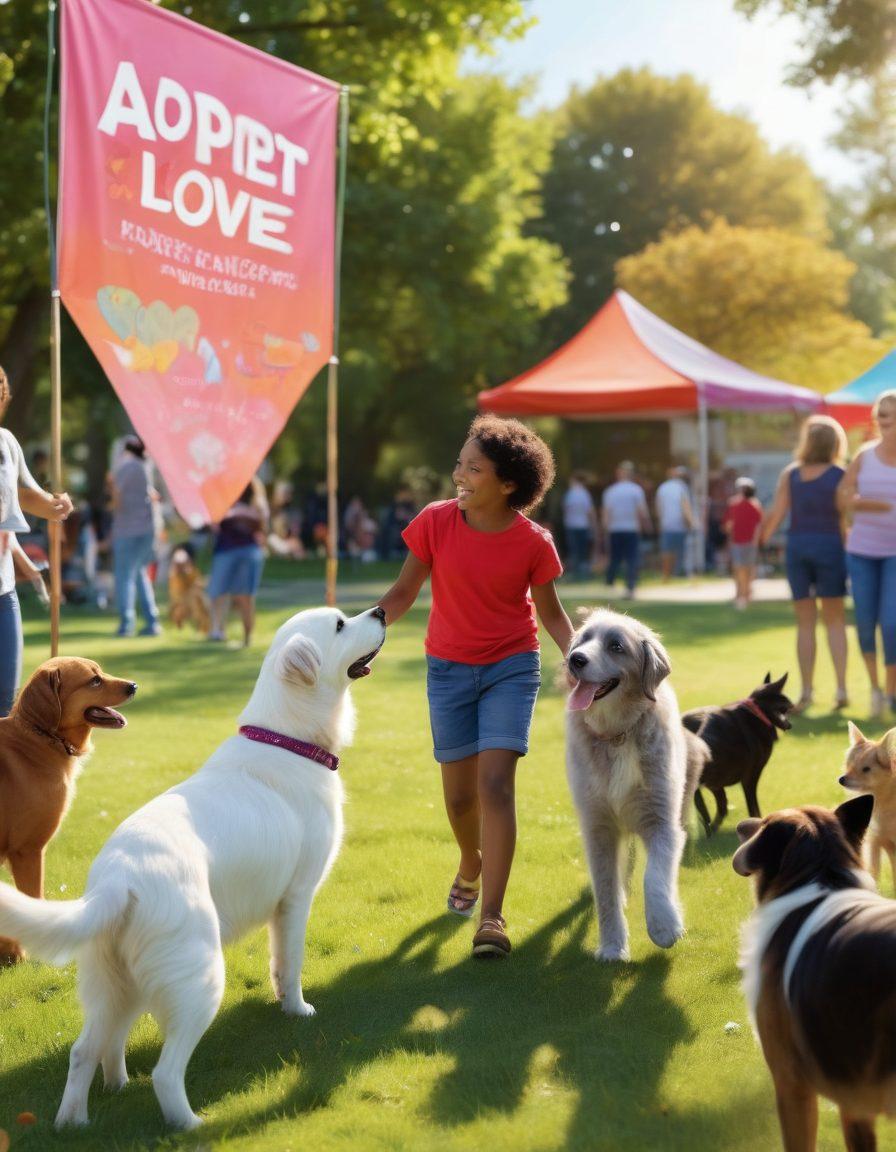 A heartwarming scene of a diverse group of people joyfully interacting with various adopted pets in a sunny park, showcasing community support for animal welfare. Include a banner reading 'Adopt Love' in the background, while dogs and cats play freely around happy families. Capture an atmosphere of love, hope, and compassion. vibrant colors. super-realistic.