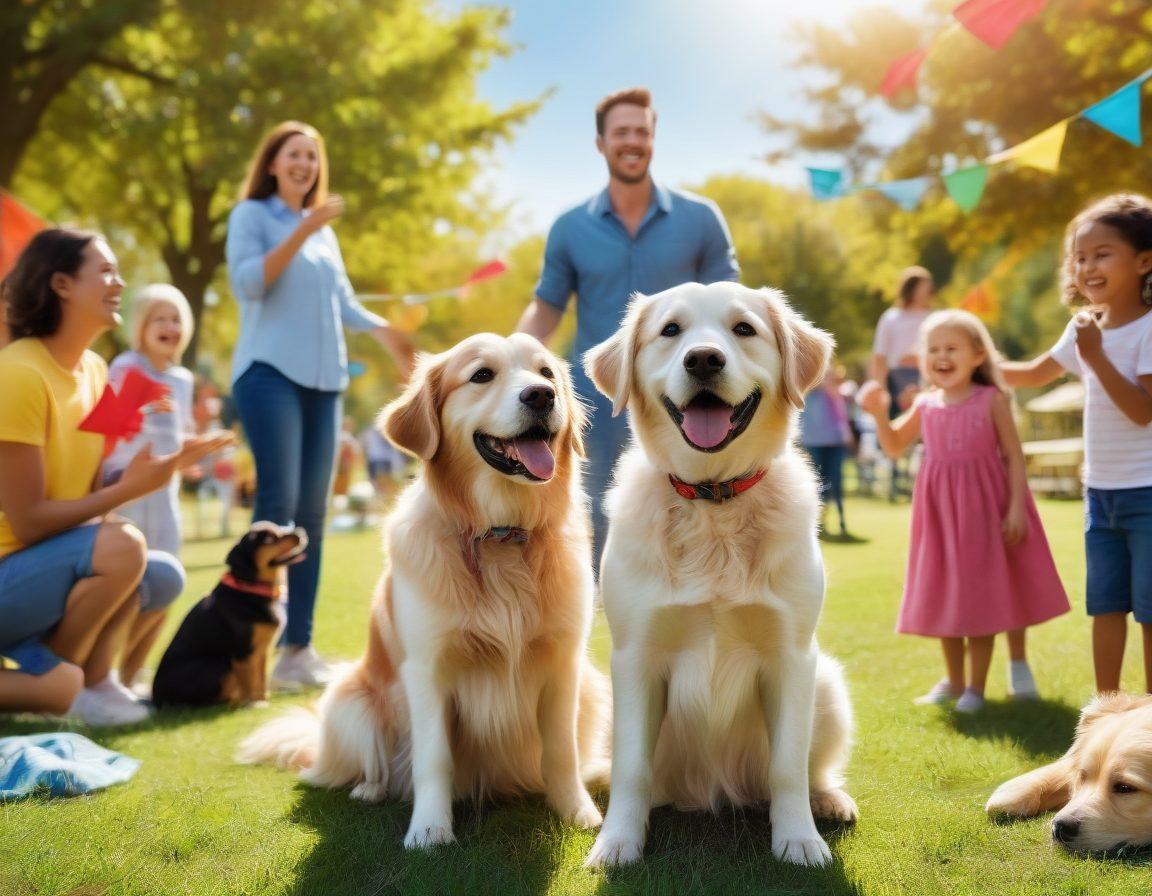 A heartwarming scene of a joyful dog being adopted by a smiling family in a sunny park, showcasing their vibrant connection. In the background, people are happily engaging in community support activities, with banners promoting dog adoption. Bright, uplifting colors should dominate the image to convey a sense of hope and transformation. super-realistic. vibrant colors. sunny atmosphere.